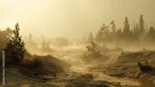 Geyser Eruption in Yellowstone National Park with Steam and Hot Springs