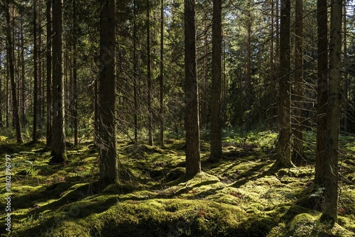 Mossy forest floor, pine trees, Tingsryd, Kronobergs län, Sweden
