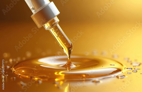 Wallpaper Mural Golden cosmetic serum drips from glass pipette onto smooth surface. Liquid drops create ripples and small bubbles. Beauty care, hydration and rejuvenation. Torontodigital.ca