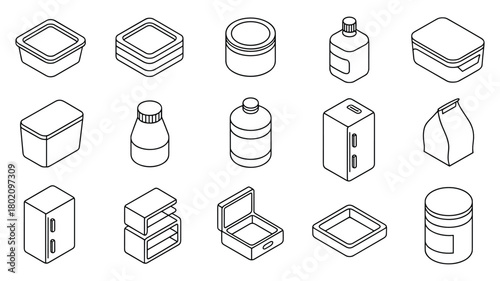 Isometric Outline Icons of Various Food Storage Containers and Bottles Keywords: food storage, containers, bottles, isometric, outline, icons, packaging, box, jar, canister, lunchbox, refrigerator
