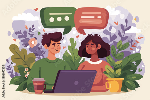 ノートパソコンを囲み植物に囲まれた空間で会話する男女、オンラインコミュニケーションや友情を表現したベクターイラスト