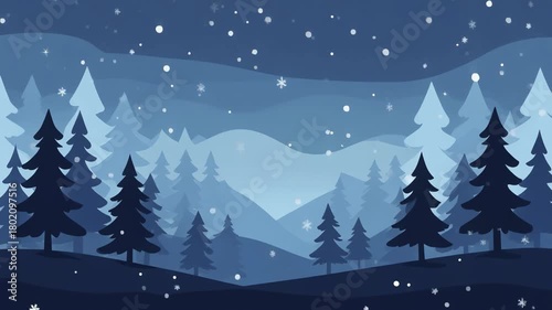 Blue Winter Forest Vector Snowfall Looping Background 4K