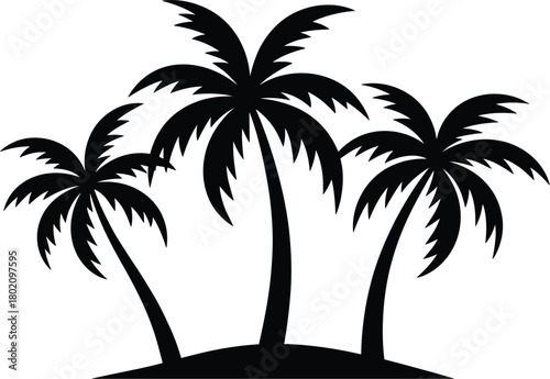 Tropical palm tree silhouette illustration with three coconut trees on island landscape, vector design for beach, vacation, summer, and nature themed projects