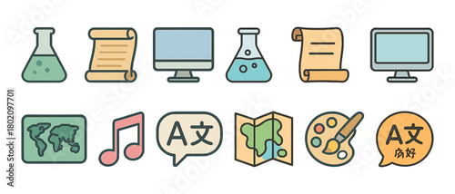 Colorful education and art icons including science, music, language, and geography symbols
