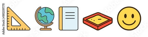 School supplies icons: ruler, globe, notebook, sandbox, smiley face