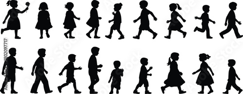 Children walking silhouettes collection showing various poses and movements, isolated vector kids figures for design, education, animation, and graphic illustration projects