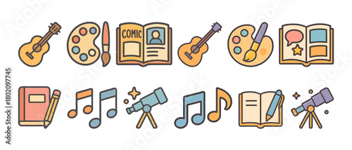 Colorful icons of art music literature and science in playful style
