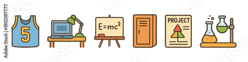 Colorful icons of education and science tools: laptop, blackboard, books, projects, beakers