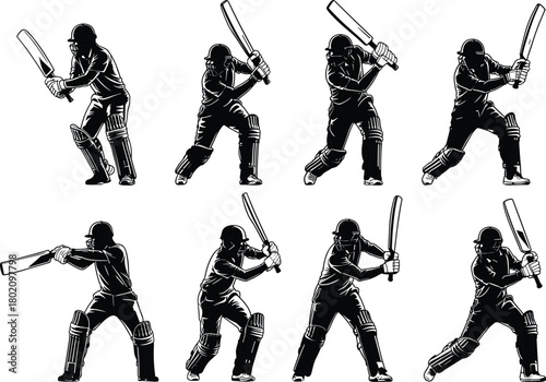 Cricket batsman silhouette collection showing batting poses, action stances and sports movements for athletic design, training illustration, competition and cricket artwork projects