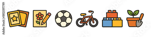 Illustrated icons of activities: cards, drawing, soccer, biking, building, gardening