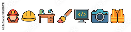 Professions illustrations: firefighter, desk, artist, programmer, photographer, safety vest