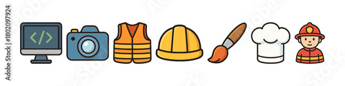 Icons of diverse professions: coding, photography, construction, painting, culinary, firefighting