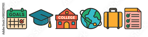 Educational journey icons: goals, graduation, college, travel, planning checklist
