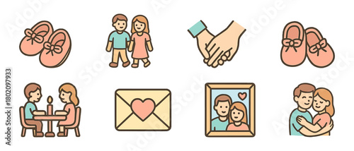 Cute couple icons: romantic relationships and love symbols in soft pastel colors