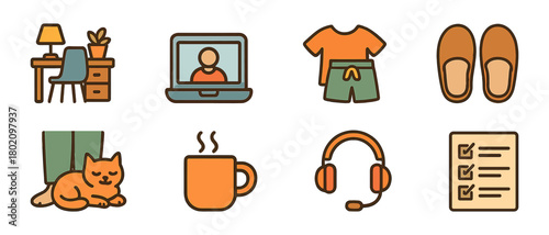 Home office essentials: work desk, laptop, comfortable attire, relaxation elements