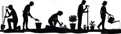 WGardening people silhouette set showing planting, watering, digging and growing plants, perfect vector illustration for agriculture, garden work, nature and hobby projectsb