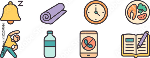 Wellness icons: meditation, nutrition, and exercise themes