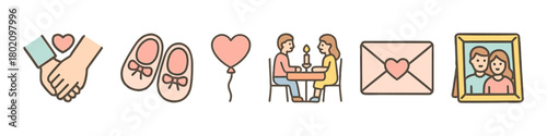 Romantic symbols: hand holding, baby shoes, heart balloon, couple dining, love letter, family portrait