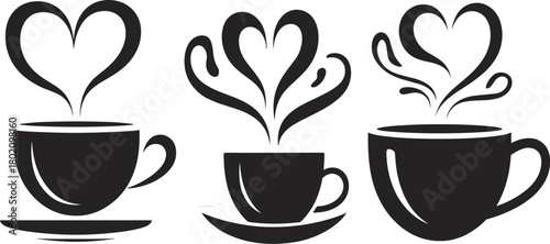 Romantic coffee cup illustration with heart-shaped steam, love themed beverage design, café art style graphic, warm drink decorative silhouette
