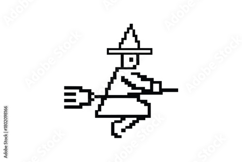 Silhouette witch flies on her broomstick inside an ornamental rectangular frame adorned with stars