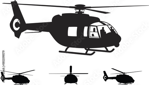Silhouette helicopter illustration with detailed cockpit and multiple angles, aviation transport graphic, emergency aircraft design, modern rotorcraft drawing, vector style