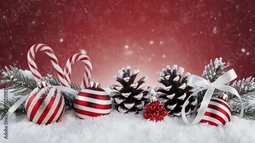 Red & White Candy Cane Christmas Snowfall  Looping Background 4K