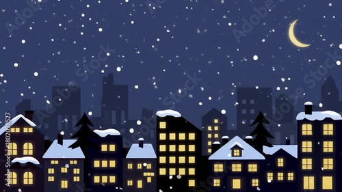 Christmas City Skyline Vector Snowfall Looping Background 4K