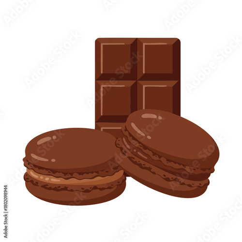 Chocolate macarons and a dark chocolate bar displayed in a delightful and appetizing arrangement 