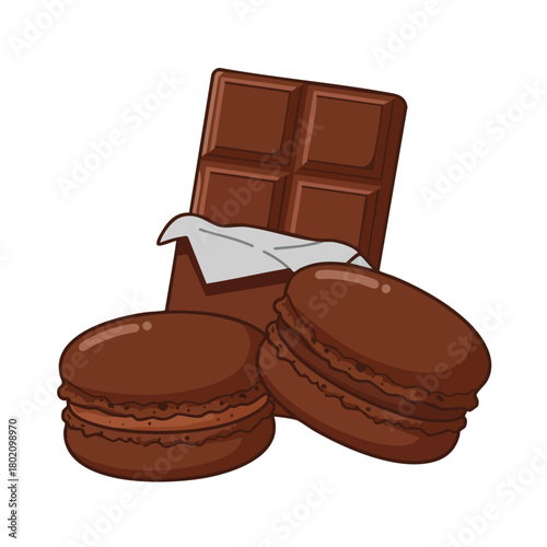 Chocolate macarons and chocolate bar illustration in a delightful dessert composition for food lovers 