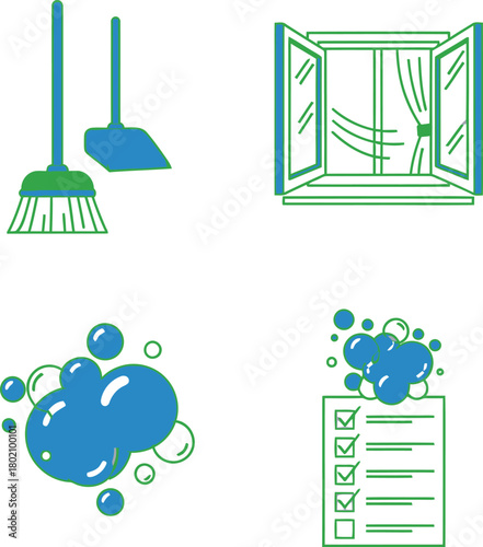 Spring Cleaning Icons Broom and Dustpan, Open Window, Soap Bubbles, Checklist