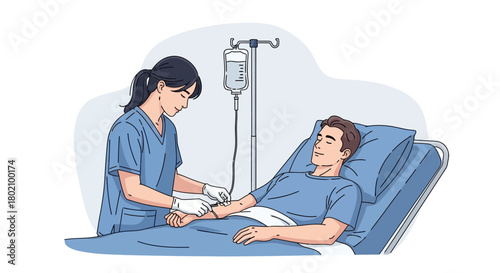 Nurse administers an iv drip to male patient lying in hospital bed, with an iv pole beside them, illustrating medical care and treatment