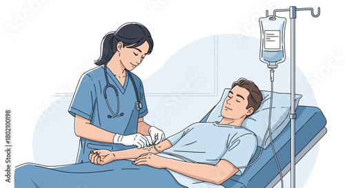 Nurse gently adjusts an iv drip for sleeping male patient in hospital bed, highlighting compassionate healthcare and patient comfort during treatment