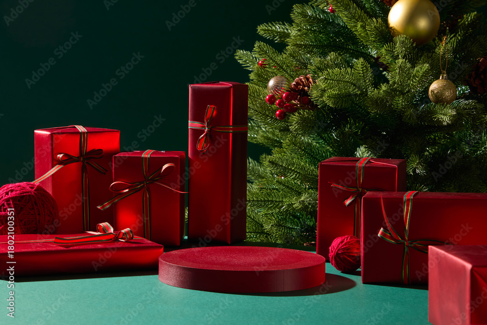 Fototapeta premium Red presents and Christmas ornaments are arranged on a green table with a tree behind them. The simple layout and soft lighting create a charming holiday setup for design use.