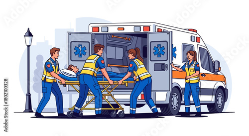 Paramedics in uniform carefully load patient on stretcher into an ambulance, showcasing emergency medical services and teamwork in action