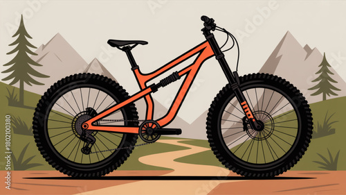 Orange mountain bike illustration vector design for outdoor adventure isolated on a trail with mountains in the background