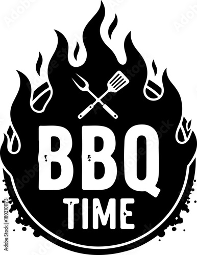 BBQ Time illustration with fork spatula and flame for grilling party