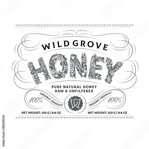 vintage label for honey with floral lettering