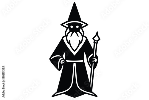 The mysterious wizard wearing a peaked hat confidently holds his magic staff in black and white