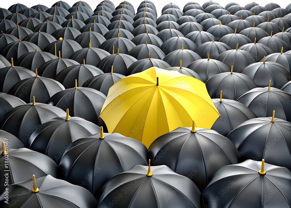 Obraz premium Bright yellow umbrella stands out among a crowd of dark umbrellas symbolizing individuality and uniqueness