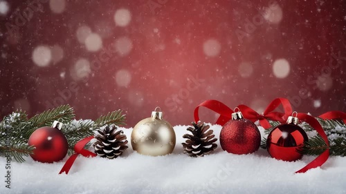 Red & White Christmas Ornaments Snowfall Looping Background 4K