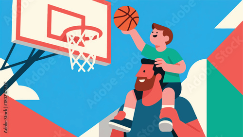 Illustration Of A Father And Son Playing Basketball Vector Design Template