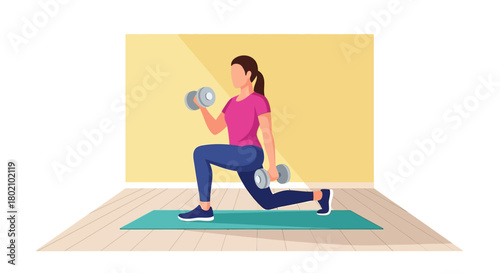 Woman performing lunge exercise with dumbbells, focusing on fitness and strength training