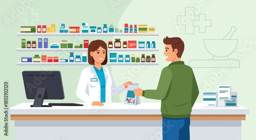 Friendly pharmacist in coat assisting customer at the counter wellstocked pharmacy, with shelves full medications and health products