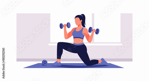 Woman doing lunges with dumbbells in home gym setting, focusing on fitness and exercise