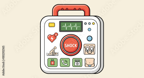 Closeup modern automated external defibrillator aed device with prominent red shock button and various icons indicating its functions