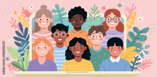 多様な人種の子供たちが集まる明るいベクターイラスト、オンライン学習やコミュニティの概念を表現。
