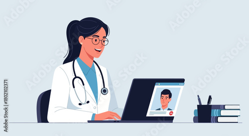Female doctor smiling while conducting telemedicine consultation on her laptop with male patient
