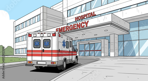 An ambulance parked in front hospital emergency entrance, ready to admit patient