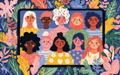 多様な女性たちが画面に集まり、植物に囲まれたベクターイラストレーションで、国際女性デーやジェンダー平等を表現。