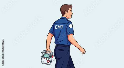 An emt emergency medical technician in blue uniform walks carrying portable defibrillator device with red heart symbol, against plain light blue
